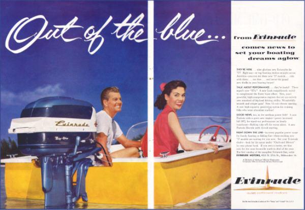1957 evinrude big-twin outboard motor ad - 2 page color original advertisement