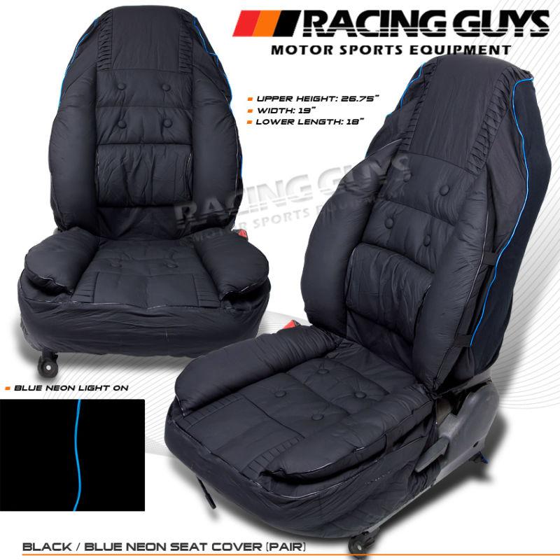 Black/blue neon light stripe vip style pcv leatherette lh+rh car seat covers set