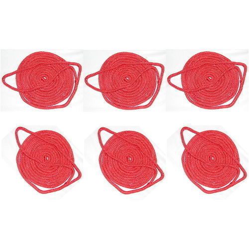 6 pack of 1/4 inch x 6 ft red double braid nylon fender lines for boats