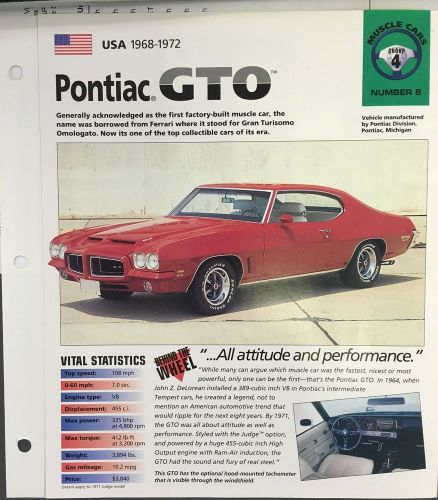 Pontiac gto 1968- 1972  hot cars poster with vital statistics