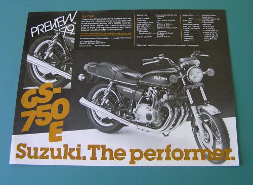 Suzuki motorcycle dealer sales preview brochures gs-750e  gs750  1979 two sheets