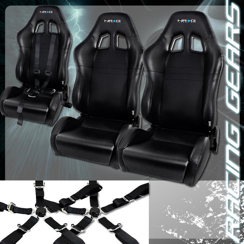 2x nrg carbon fiber style pvc leather reclinable racing seats + black seat belts