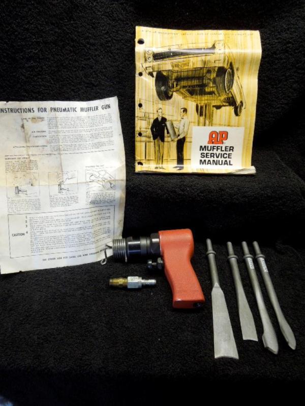 Rare ap muffler pneumatic tool set with gun and four impact tools in metal case