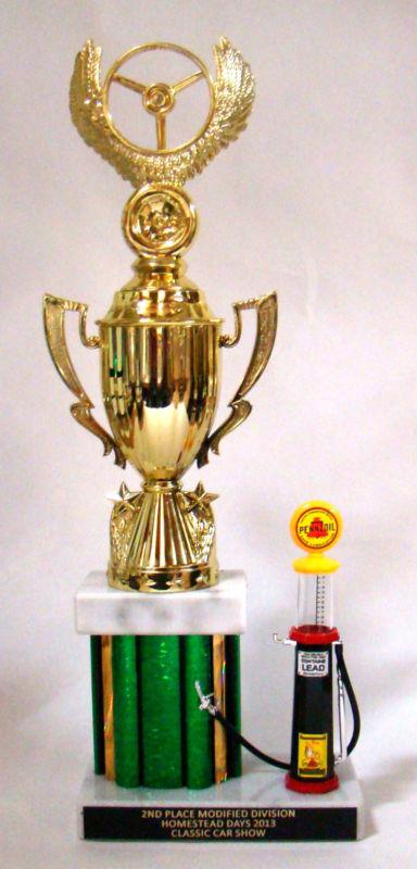 Car show trophy 13 1/2" with pennzoil 1930's gas pump - free engraving