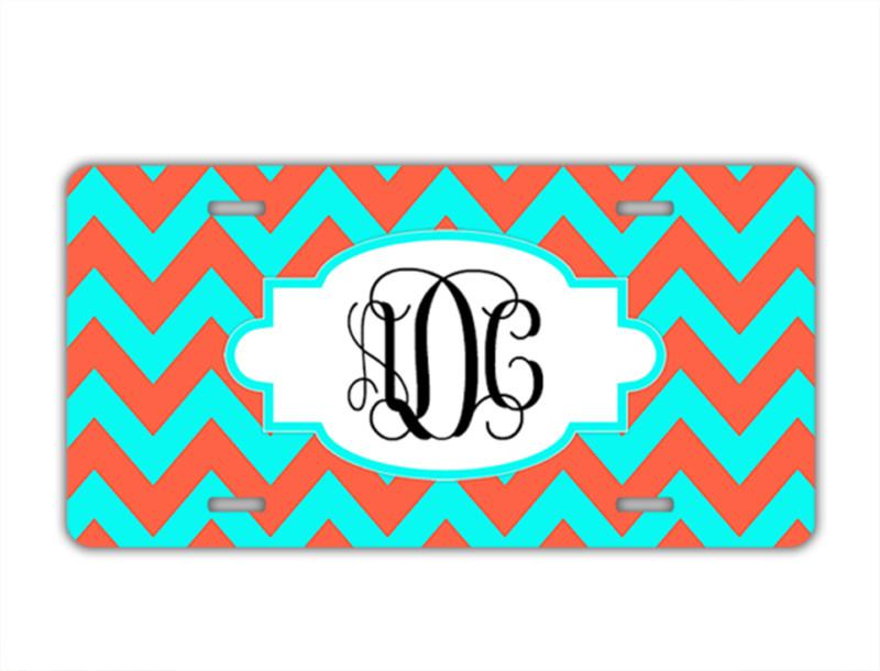 Chevron monogrammed license plate - coral w turquoise monogram car tag (1034)