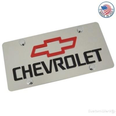 Chevy red bowtie logo + name stainless license plate