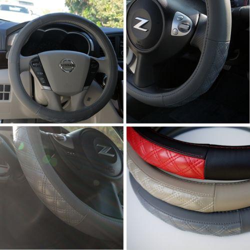 Fit hyundai kia subaru grey leather steering wheel cover kit 57007 14"-15" 38cm 