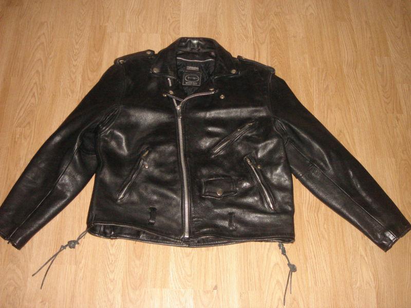 Tannery west black heavy-soft leather motorcycle jacket, mens xlrg.