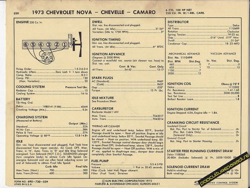 1973 chevrolet nova/chevelle/camaro 250 ci /100 hp car sun electronic spec sheet