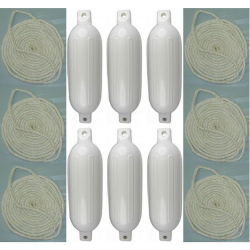 6 pack 5-1/2 inch x 20 inch double eye white inflatable vinyl fenders with lines