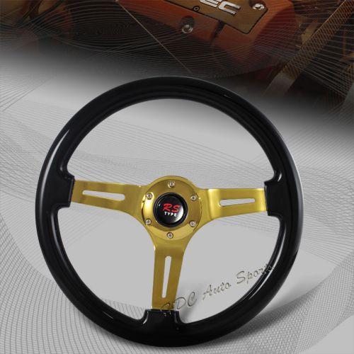 Universal 345mm 6 hole black wood deep dish 3-spoke gold racing steering wheel