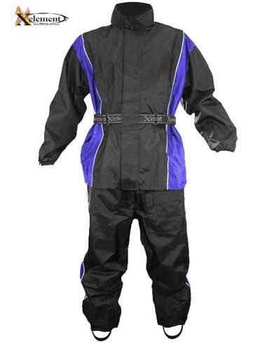 Xelement mens 2 piece black and blue motorcycle rainsuit with boot strap