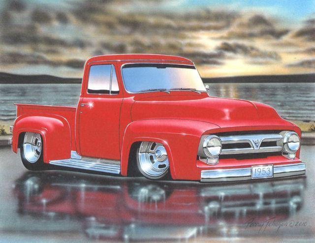 1953 ford f100 pickup hot rod truck automotive art print red