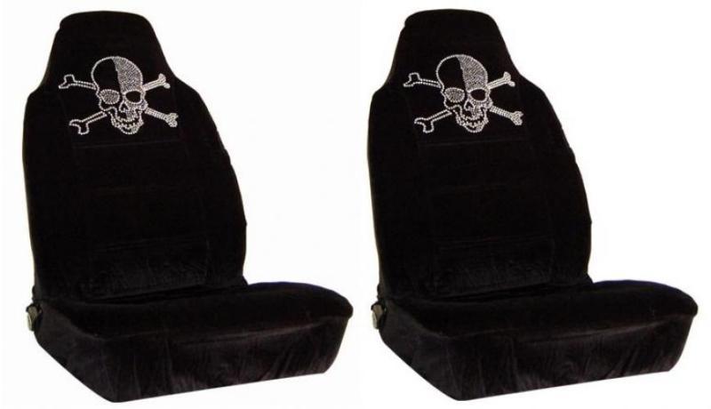 Skull & crossbones grey rhinestone seat covers - one pair