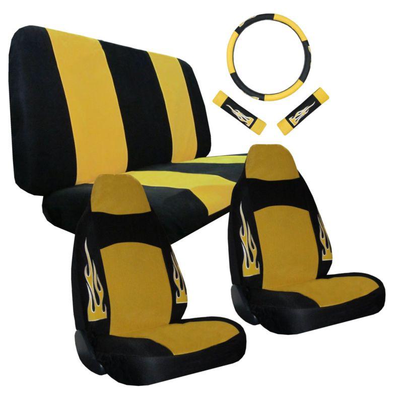 Velour fabric yellow black flame high back car seat covers 7pc pkg #3