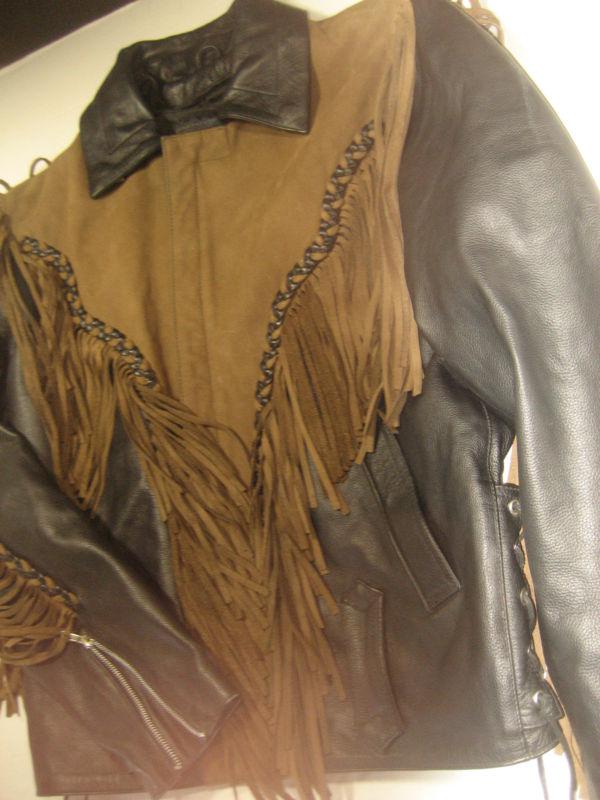 Awesome "frontier leather" heavy fringed and black motorcycle jacket coat harley