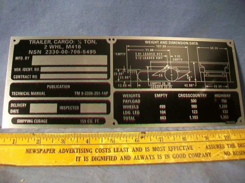 M416 operational data plate for military trailer m151 m38 m37 cucv m715 m998 m35