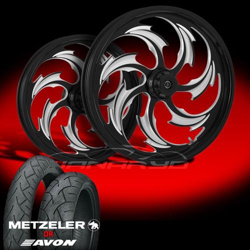 Assault black front and rear wheels and tires for 1990-2006 harley fat boy