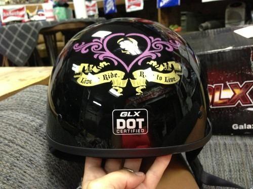 Glx womens half motorcycle helmet flames black pink heart