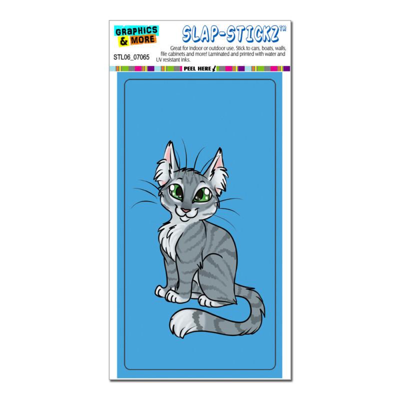 Tabby cat gray grey on blue - pet - slap-stickz™ window locker bumper sticker