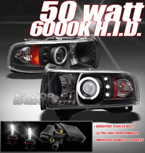 1994-2001 dodge ram truck ccfl halo led black projector headlight+hid 50w 6k kit