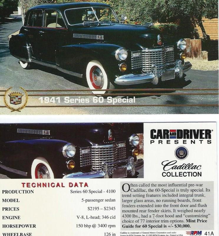 1941 cadillac series 60 special    "car and driver" collector card  (oversize)