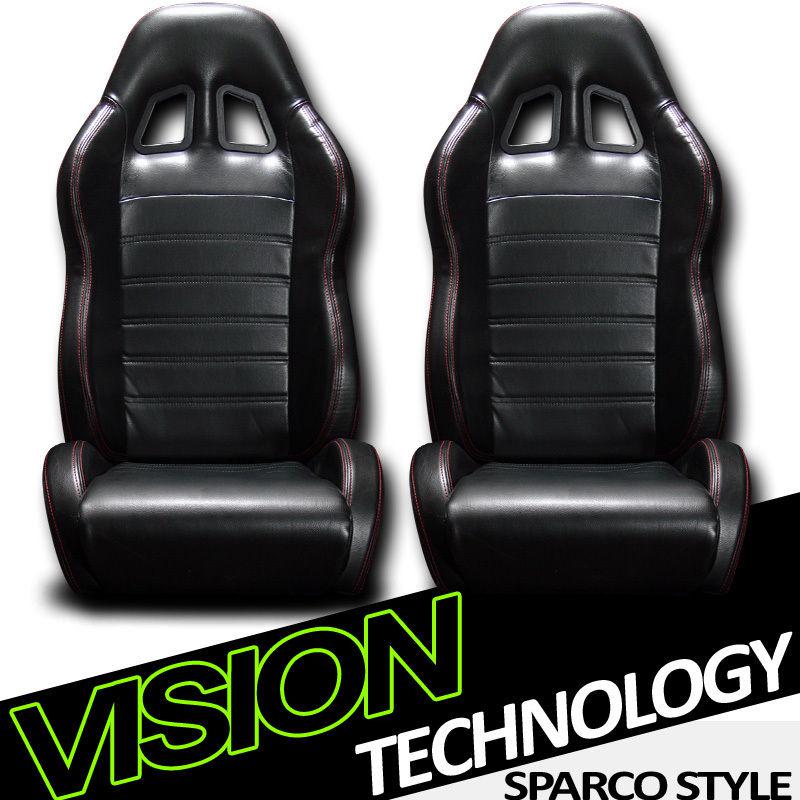 2x universal sp style pvc leather black & red stitch racing seats+sliders l+r 25
