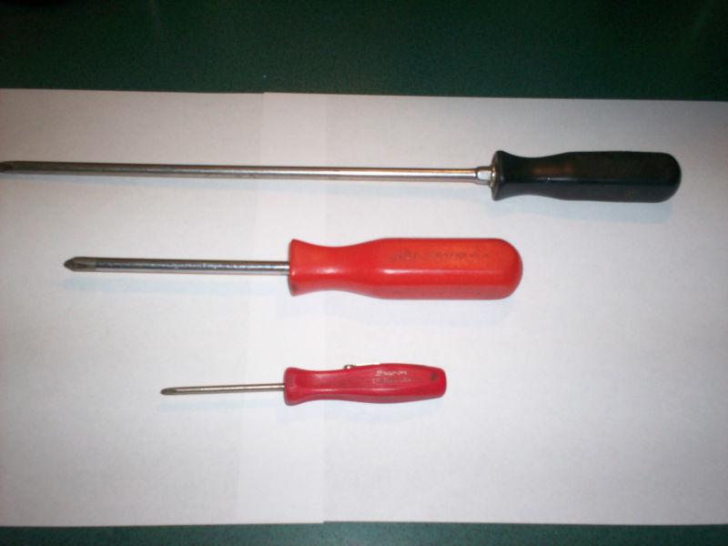 3 piece phillips screwdriver lot: snap on 13", snap on 5" and mac 8" 