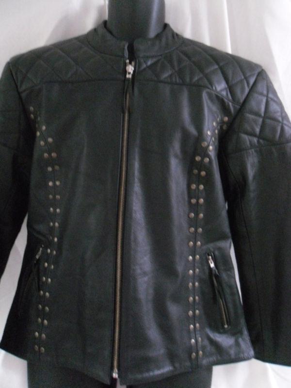 Women's black leather motorcycle jacket