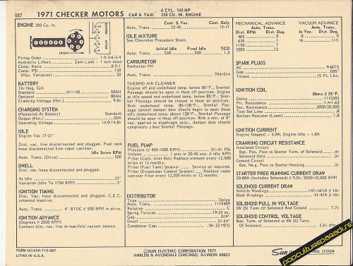 1971 checker motors 250 ci 145 hp 6cylinder car &amp; taxi sun electronic spec sheet