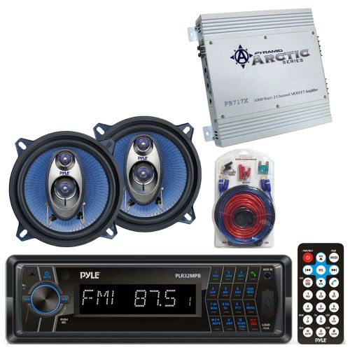 Usb bluetooth aux mp3 pyle radio, car amplifier &amp; wiring kit, 5.25&#034;blue speakers