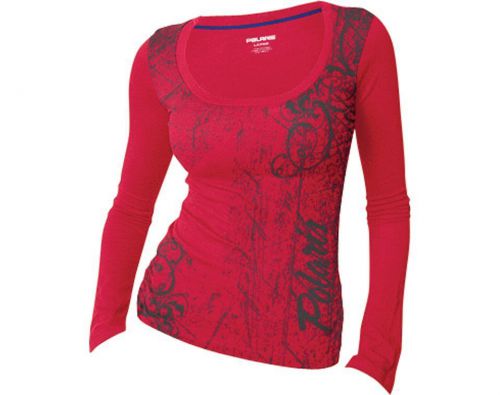 Oem polaris womens red script long sleeve scoop neck shirt sizes s-3xl