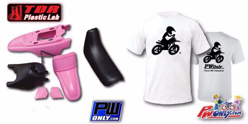 Pw50 pw 50 yamaha pink fender plastic kit, black seat &amp; tank, free pw t shirt