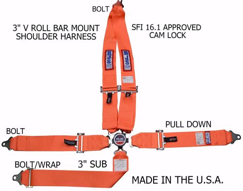 Rjs sfi 16.1 cam lock 5 pt v roll bar mount bolt in harness belt orange 1030105