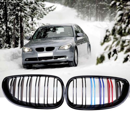 Fit bmw 5series e60 e61 03-10 grill front grille gloss black m-color double line