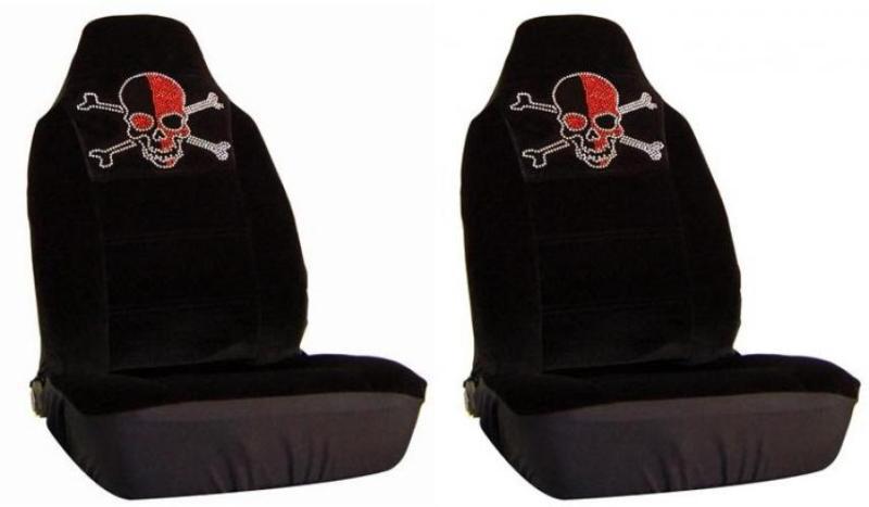 Skull & crossbones red rhinestone seat covers - one pair