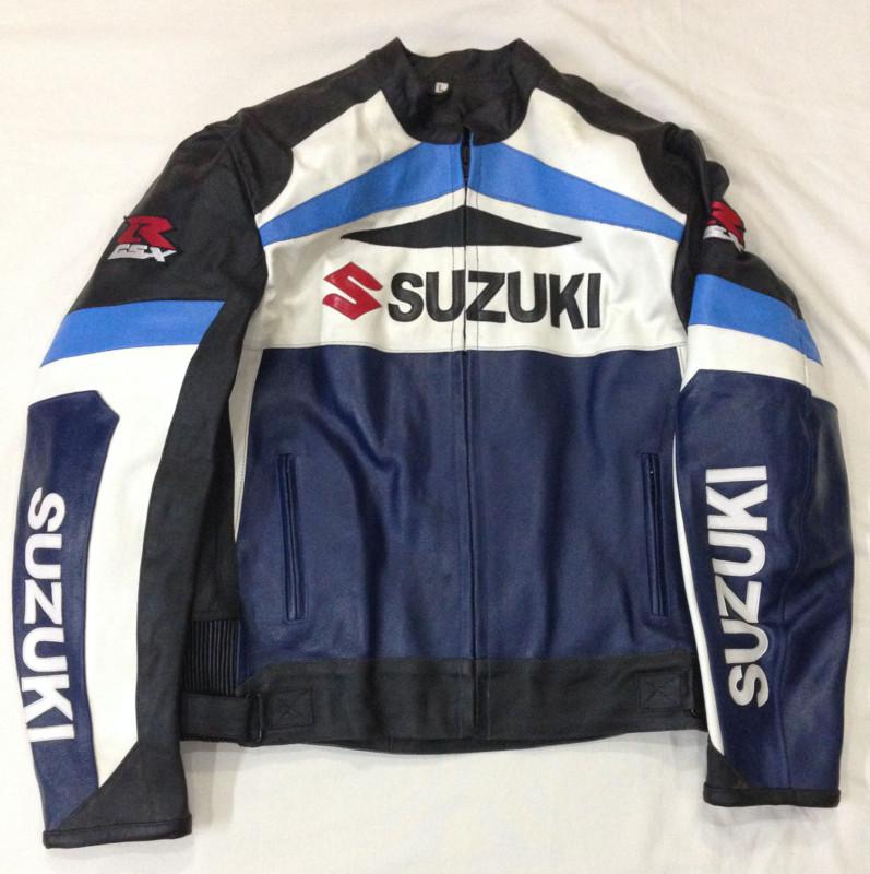 Suzuki blue racing motorcycle leather jacket ( all sizes ) cowhide leather