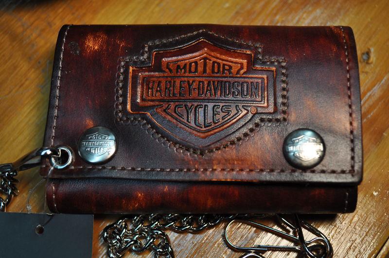 Harley-davidson deep rich brown tri-fold leather wallet w/chain,largemade in usa