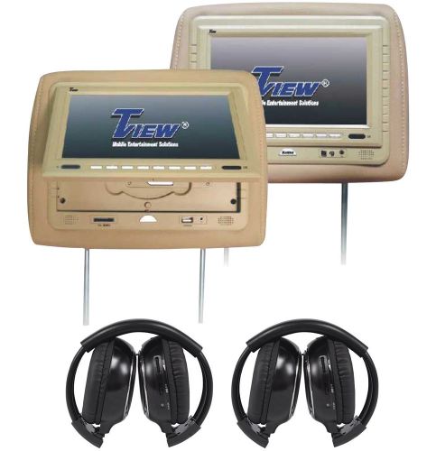 2 beige/tan tview t718dvpl 7&#034; dvd/usb car headrest monitors +2 wireless headsets