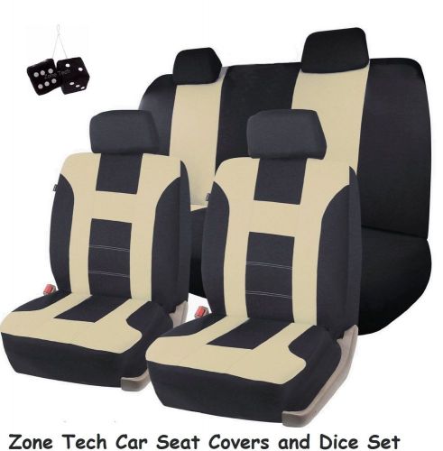 Zone tech universal fit beige/black racing style car seat covers and dice set