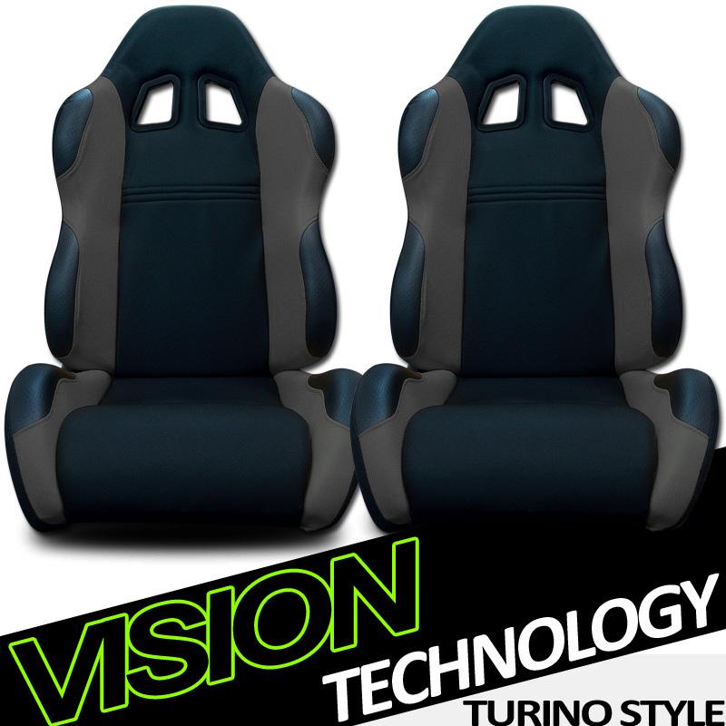 2x left+right blk/grey fabric & pvc leather reclinable racing seats+sliders 27