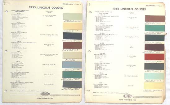 1953 - 1954 lincoln  dupont  color paint chip charts all models  original