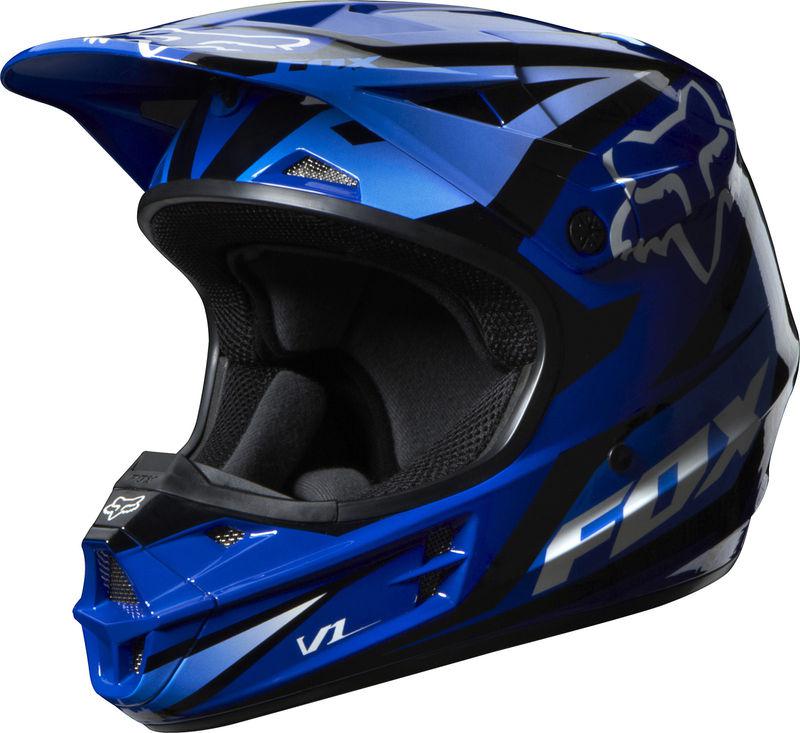 Fox racing v1 race blue black dirt bike helmet w/ blue fade airspc goggle
