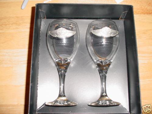 Harley 100th ann pewter emb wineglass  set new 2003 100