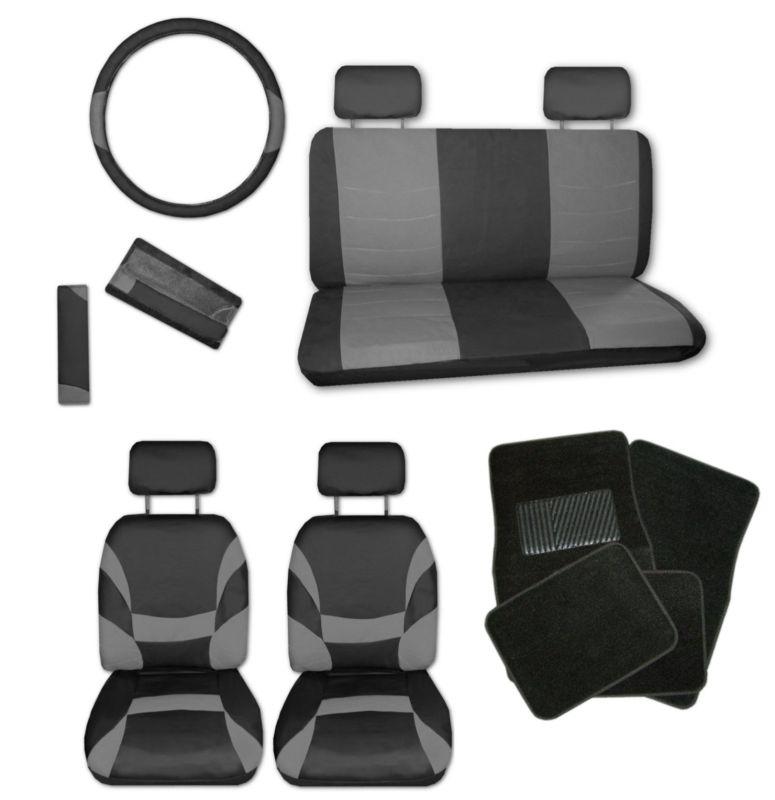 Xtreme faux leather grey black car seat covers set and black floor mats #c