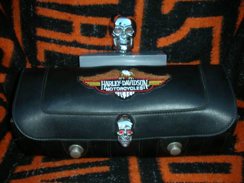 Harley davidson - custom pouch 11" heavy leather w/ skulls + free shipping !