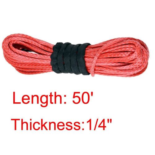 1/4&#034; x 50&#039; red synthetic fiber winch line cable rope 6400+ lbs recovery for jeep