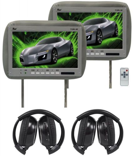 Pair of tview t110pl gray car video 11.2&#034; headrest monitors +2 wireless headsets
