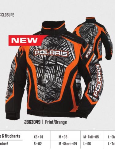 Polaris new oem mens fxr throttle jacket black/orange/white l, large