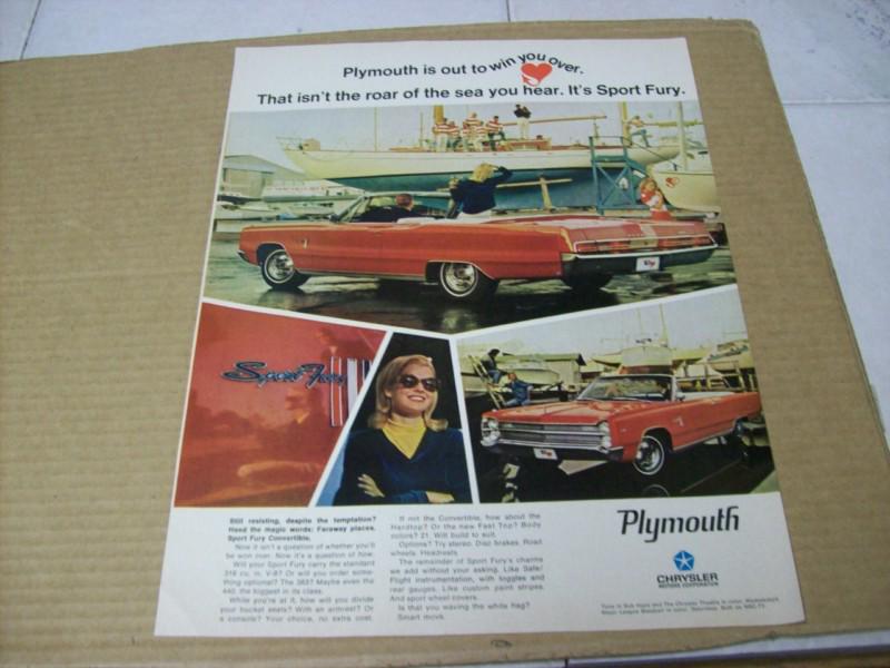 1967 plymouth sport fury convertible  advertisement, vintage ad